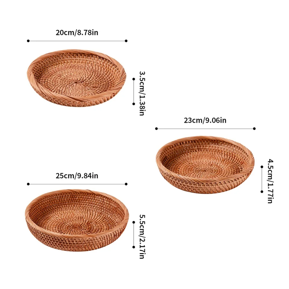 Round Rattan Fruit Bowls Natural Wicker Fruit Basket Boho Woven Storage Baskets Bread Tray for Kitchen Coffee Table Farmhouse 6