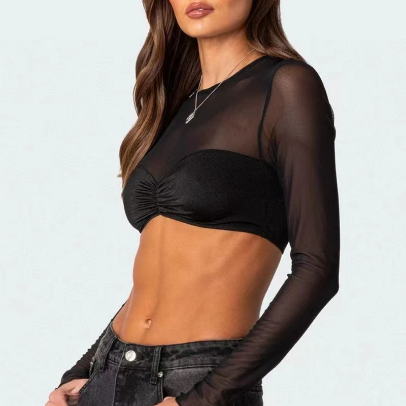 Autumn Fashion Sexy Patchwork Mesh Wrinkled Sexy Hot Girl Cropped Top Y2k Spring and Summer New Round Neck Long Sleeve T-shirt