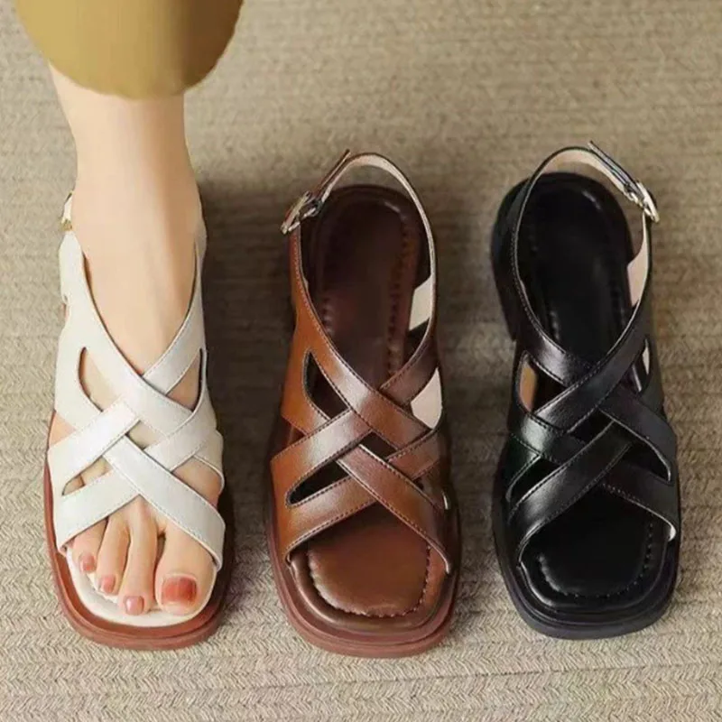 Retro Woven Rubber Sandals for Women Low Heel Square Toe