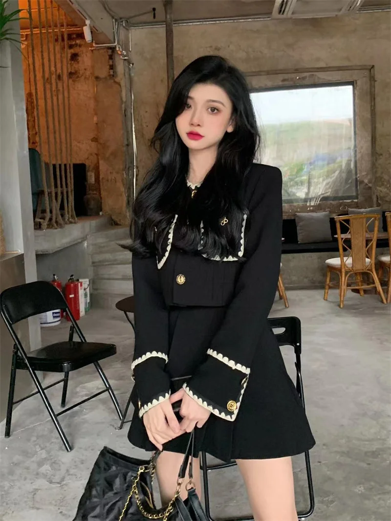 Autumn New Elegant Two-Piece Skirt Sets Women Korean Fashion Chic Crop Jacket Coat Solid Mini Skirt Female Clothing Y2K Outfits
