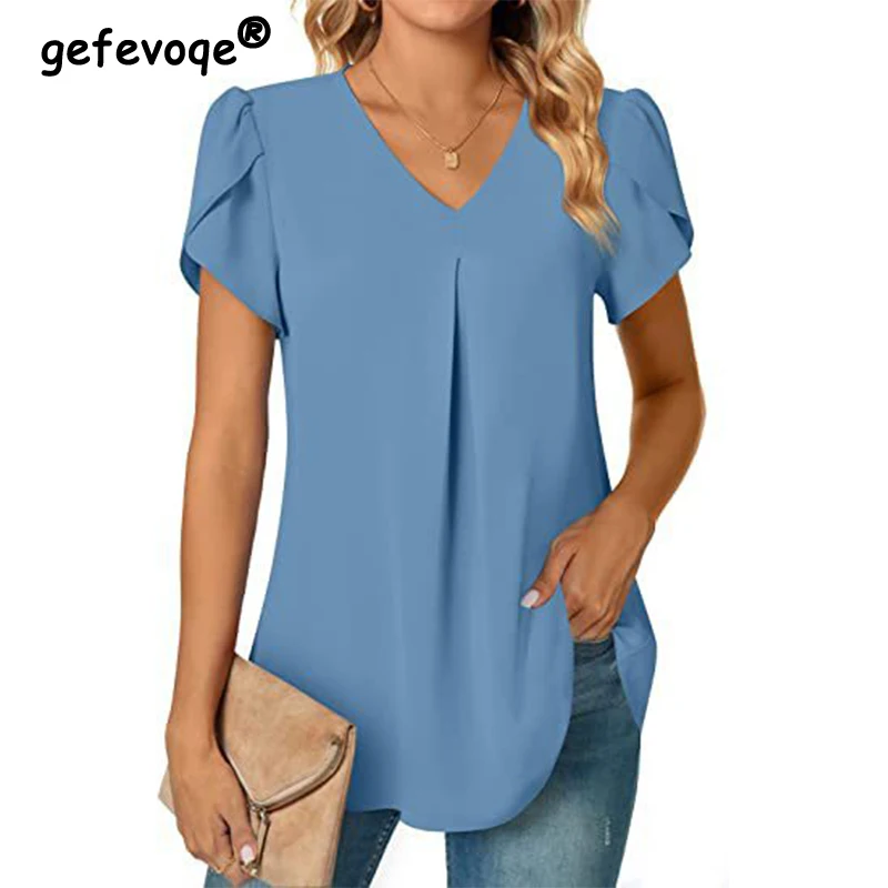 

Summer Fashion Solid Color V-neck Short Sleeve Pullover Shirt Ladies Loose Casual Simple All-match Blouse Top Women's Clothing
