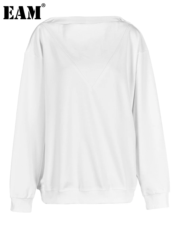 

[EAM] Loose Fit White Oversized Sweatshirt New Round Neck Long Sleeve Women Big Size Fashion Tide Spring Autumn 2023 CPG0285