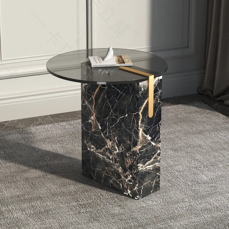 

Italian luxury gray glass corner sofa round marble edge modern minimalist side cabinet small coffee table designer