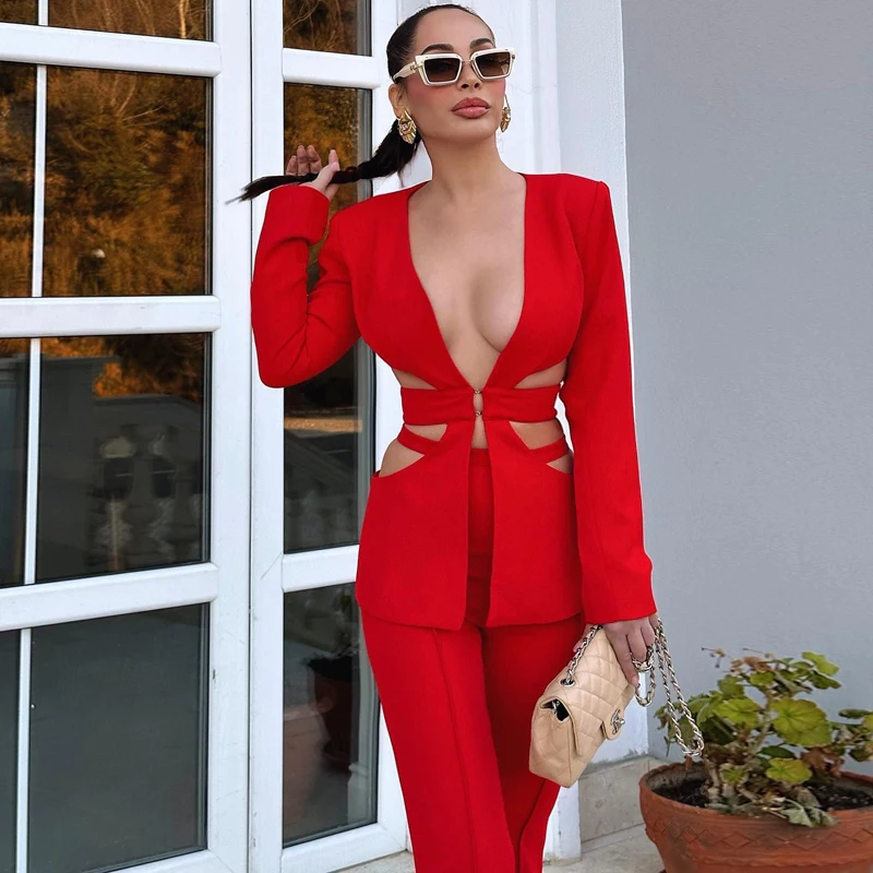 MSMUSI 2025 New Fashion Women Sexy Red V Neck Two Piece Set