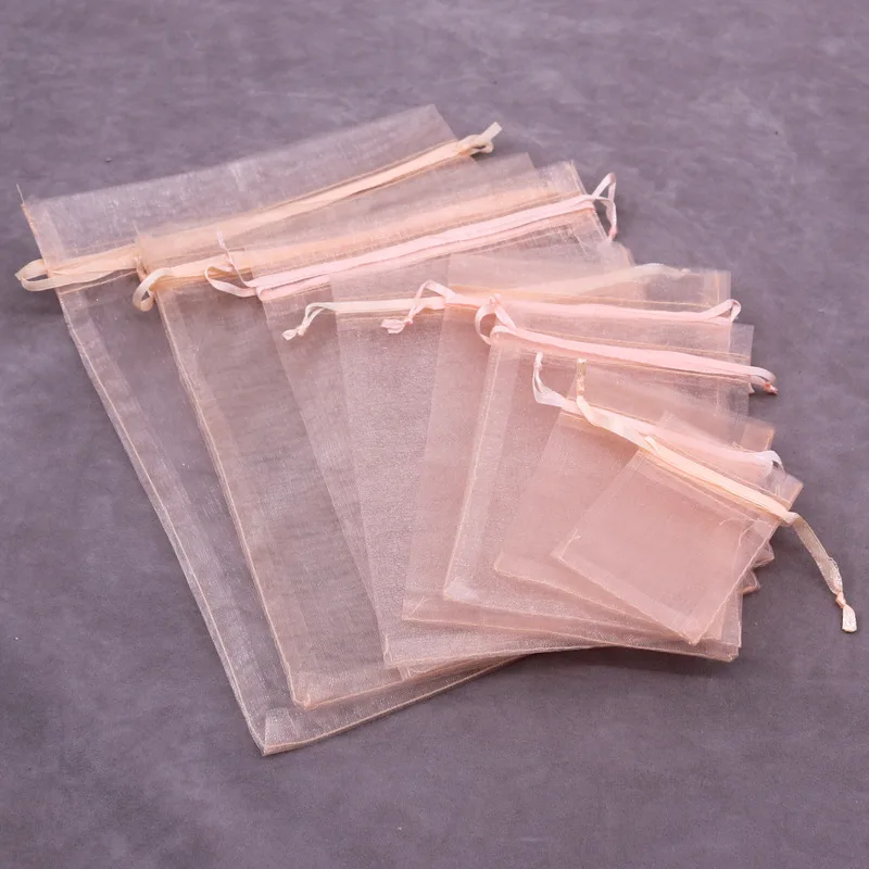 50/100Pcs Champagne Pink Drawstring Organza Bag Handmade Jewelry Packaging Bags Christmas Gifts Bag Wedding Present Pouches