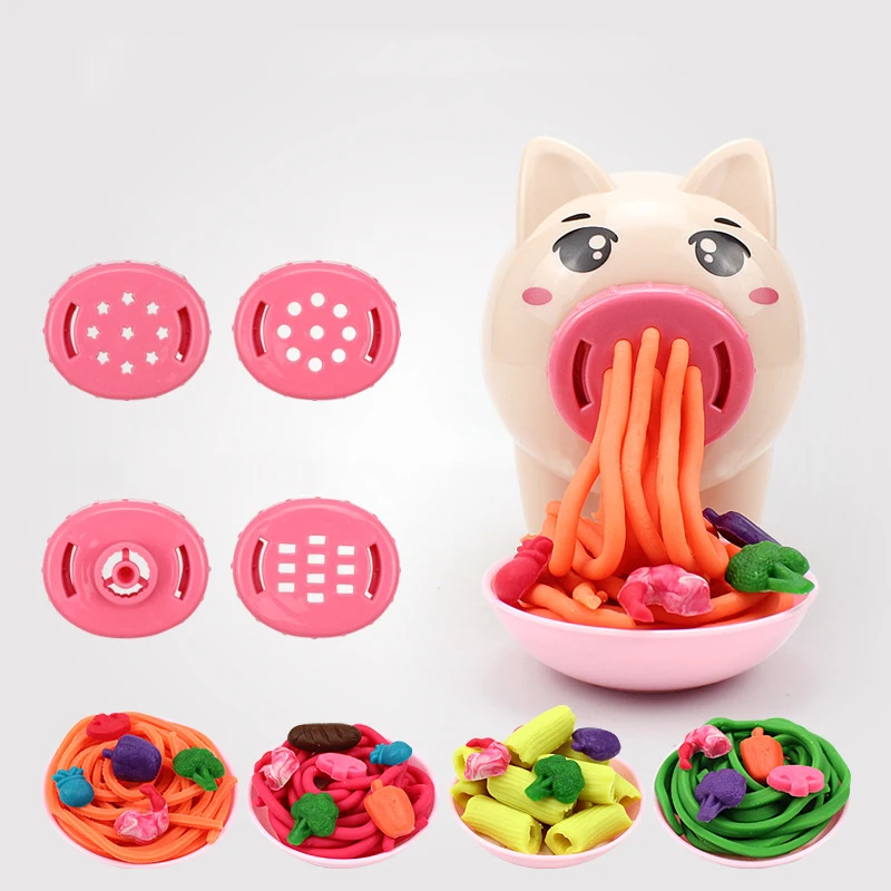 Cartoon Cute Pig Noodle Machine Clay Set Game Noodle Machine Multiple Molds Knife Fork Clay Set Toys Kids Gifts 4