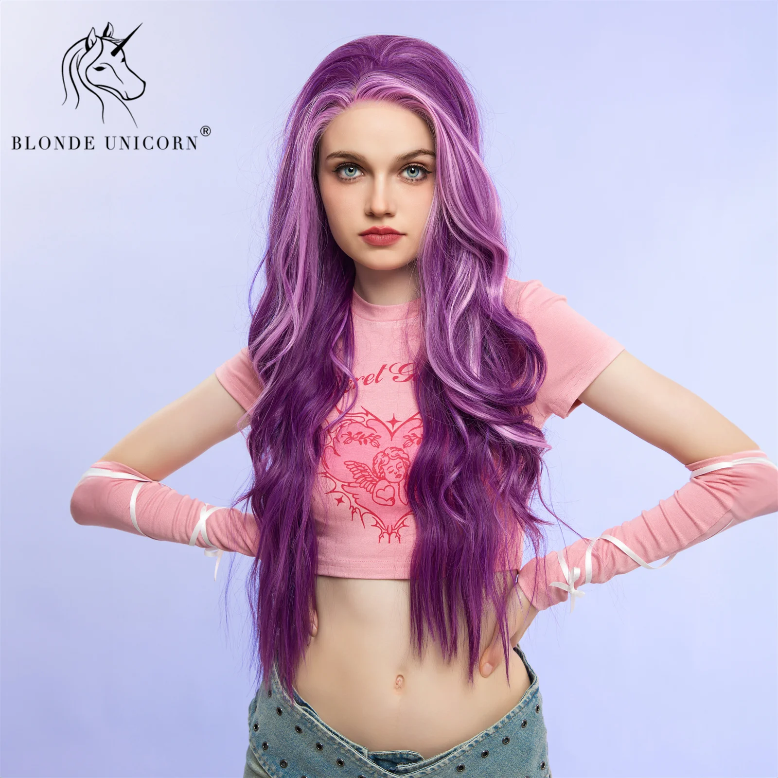 Blonde Unicorn Lace Front Highlight Purple Wave Synthetic Wigs for Black White Women Daily Party Cosplay Heat Resistant