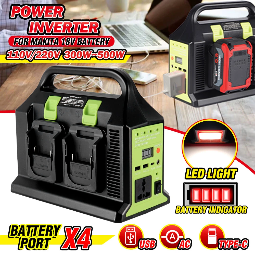 Inversor de onda sinusoidal Dual 300W 4 para batería Makita 18v a CA USB PD3.0 tpye c convertidor de Banco energía con luz Led| | - AliExpress