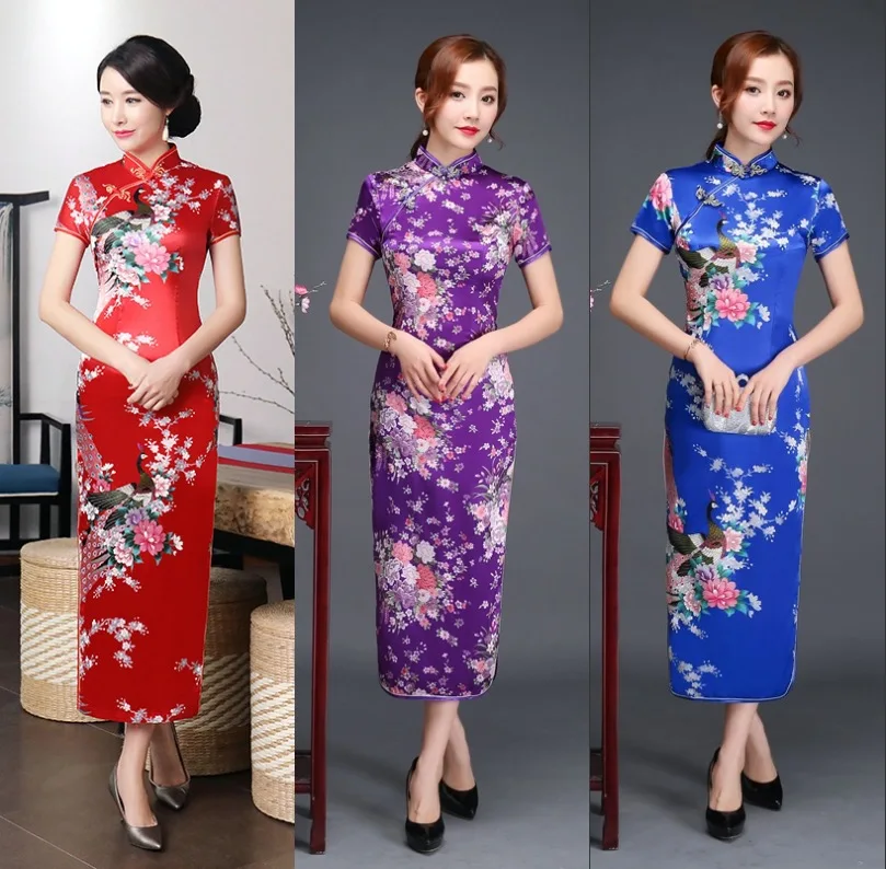 

Red Slim Chinese Traditional Cheongsam Short Sleeve Front Split Vintage Dress Women Long Dress Plum Qipao