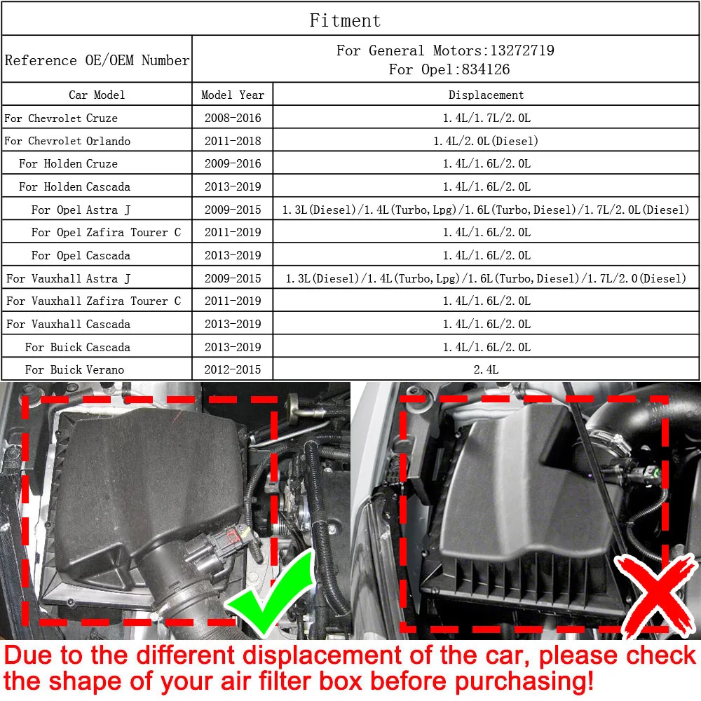 Air Filters Air Filter 13272719 For Chevrolet Cruze J300 Orlando For Buick Verano Cascada Car Engine Accessories 1.4L 1.7L 2.0L 834126