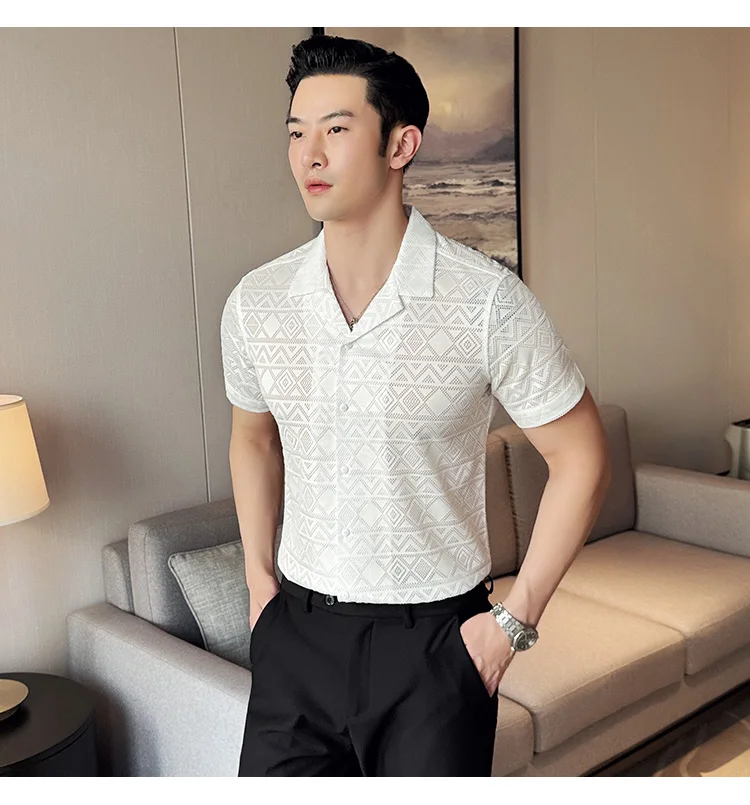 Spring/Summer Short Sleeved Shirt for Men Tailored Collar Lace Shirt Fashion Nightclub Social Party Tuxedo Blouse Streetwear