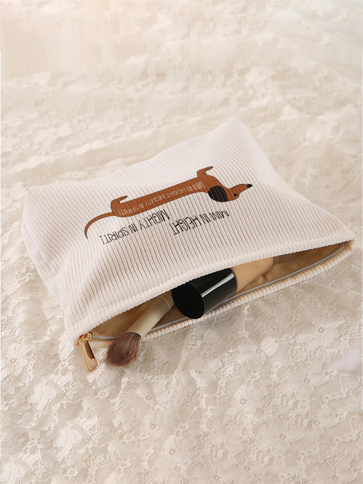 Sausage dog pattern printed corduroy makeup bag, lightweight zipper makeup storage box, multifunctional bag with lining