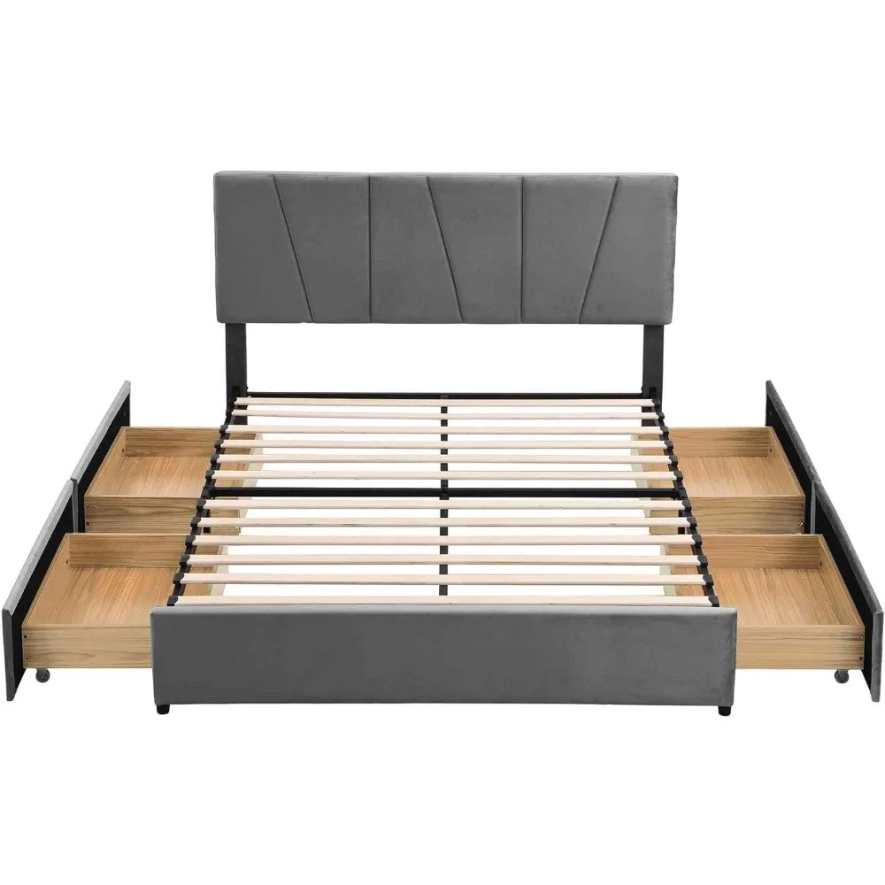 Queen Size Platform Bed with Adjustable Headboard and 4 Drawers on Two Sides,Linen Upholstered Bedframe w/Slats Support,Beige 3