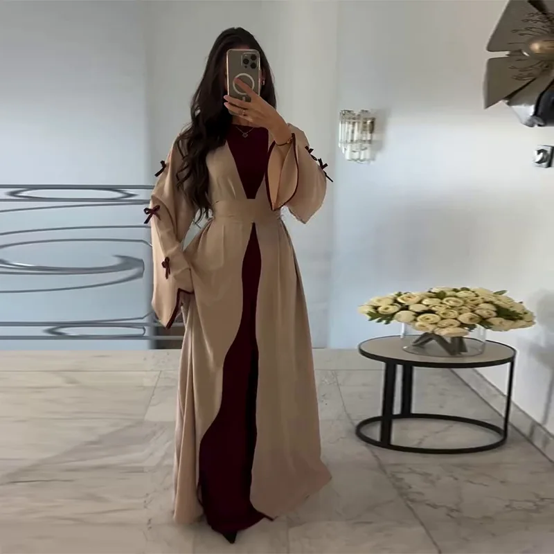 Elegant Women Corset Long Dress Vintage Celebrity Long Flare Sleeve O Neck Bow Splicing Pleated Party Dress