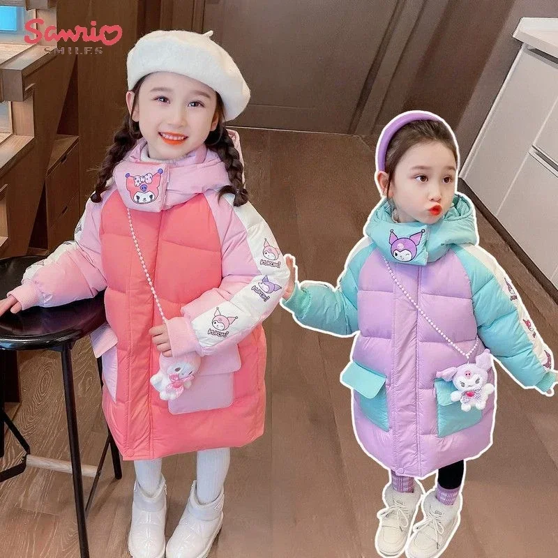 

Kawaii Miniso Kuromi Children Cotton Jacket Winter Padded Thickened Warm Hooded Girls Cotton Coat Kids Student Long Down Jacket
