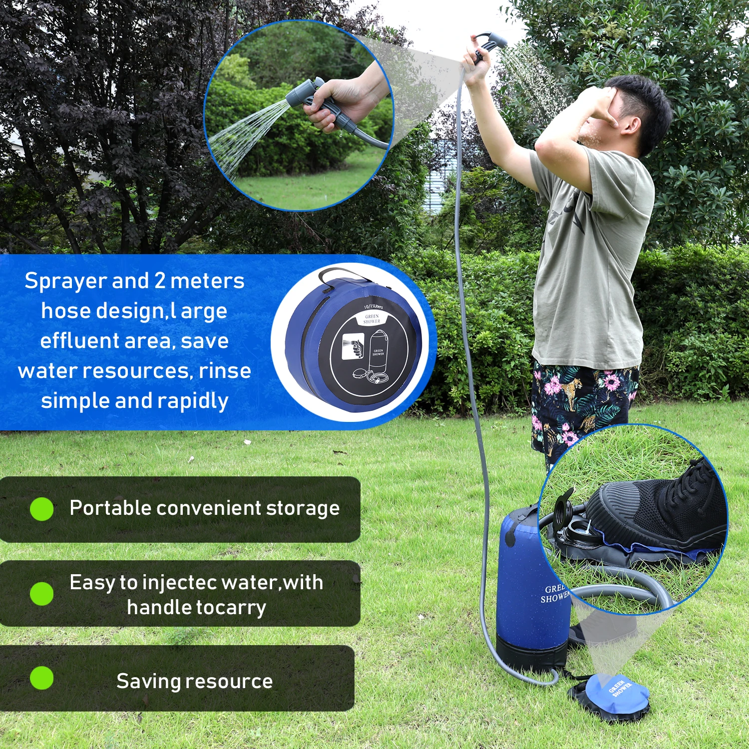 Outdoor PVC Pressure Shower with Foot Pump Lightweight Inflatable Pressure Shower Water Bag For Beach Camping Hiking Bathing