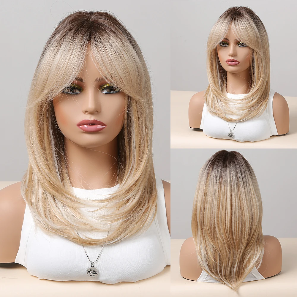 Synthetic Wigs Long Natural Wavy Wig Ombre Brown Golden Highlight Blonde Layered Hair with Side Bangs for Women Heat Resistant