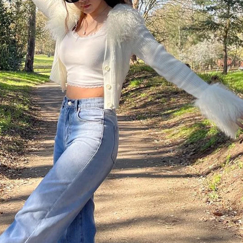 Winter  new Fur Collar and Cuffs Cropped Cardigan Sweaters Women Fairy Elegant Fashion Single Breasted Y2K Fairycore Jacket