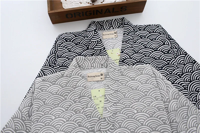 Men Japanese Kimono Pajamas Wave Patterned Long Sleeved Shirt Trousers Set Cotton Gauze Loose Fit