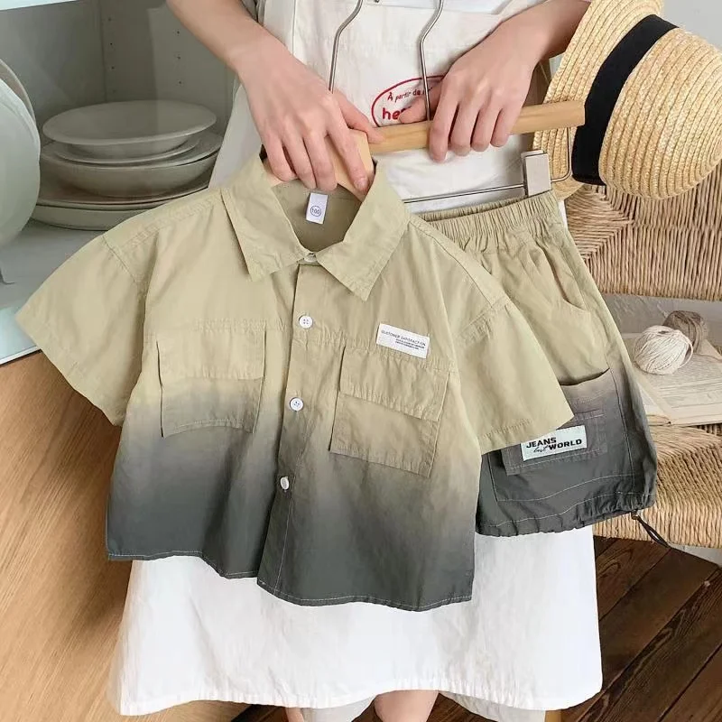 

Boys Summer Set New Children's Thin Short sleeved Baby Gradient Shirt Two piece Set for Boys Handsome Korean Edition