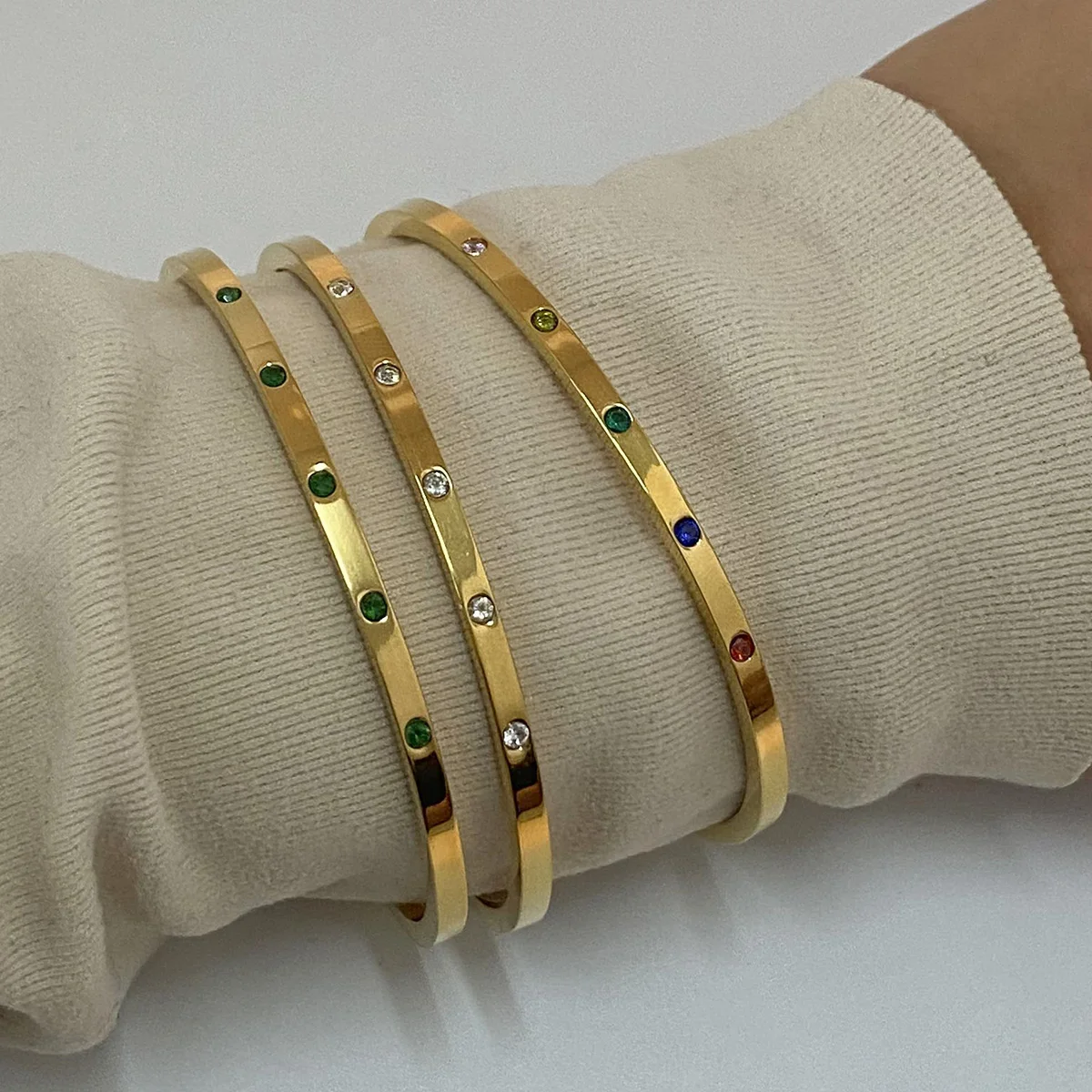 Multi Colored Rhinestone Narrow Open Bangle Cuff Bracelet Women 18K Gold Plated Stainless Steel Anti Allergic Jewelry Gala Gift