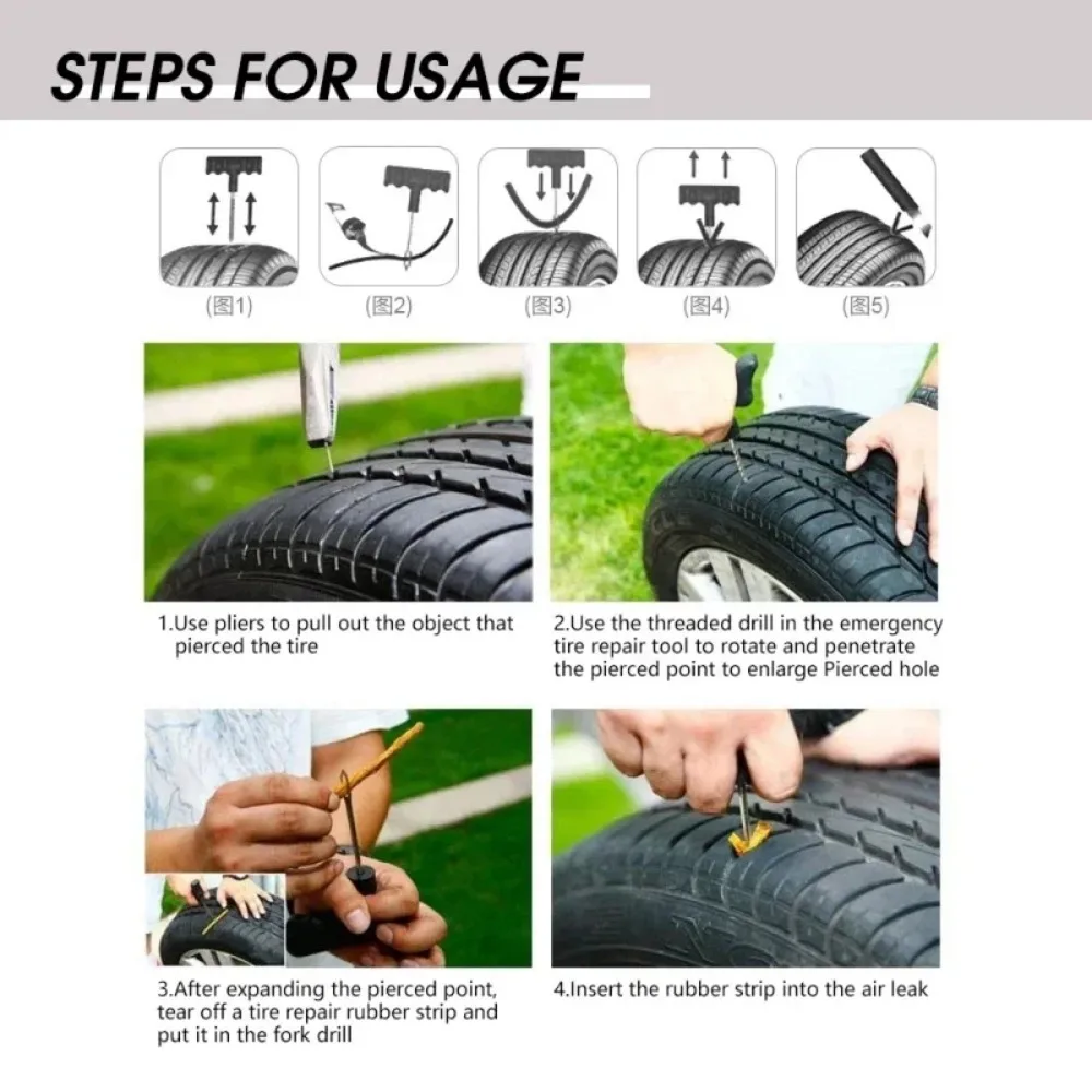 Car Tire Repair Tools Kit with Rubber Strips Tubeless Tyre Puncture Studding Plug Set Auto Motorcycle Bike Garage Repair Tools