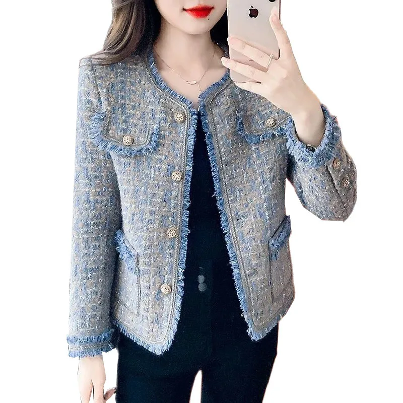 

Женское твидовое шерстяное пальто, Повседневная винтажная короткая куртка с длинным рукавом, верхняя одежда в Корейском стиле на осень, 2023