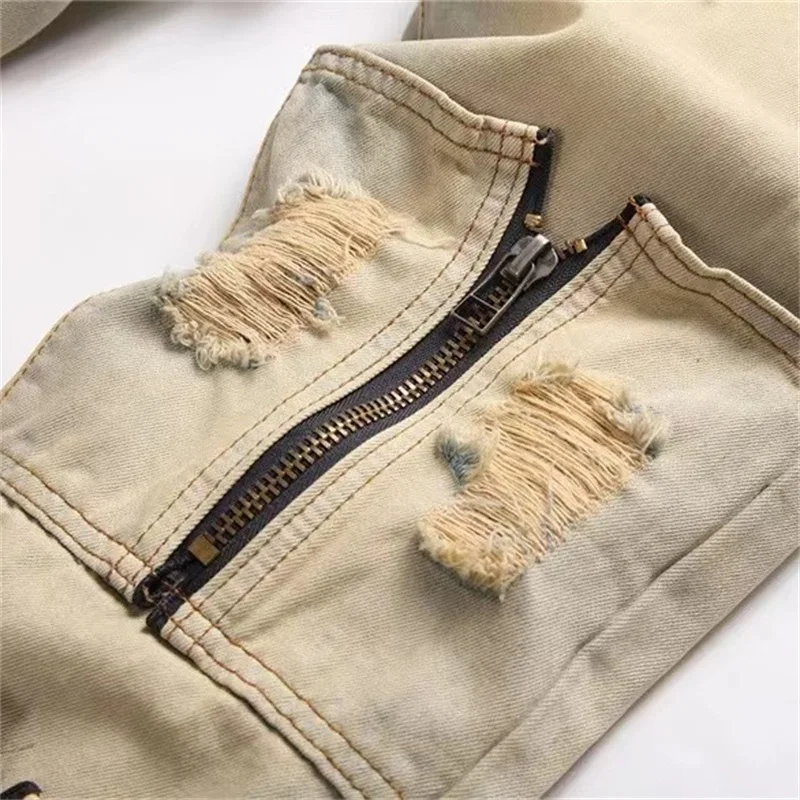 EH·MD Stitch Emoticon Jeans Men Scraped Thread White Gradient Slimming Tights Cotton High Elastic Zip Knee 3D Embroidery Smile23