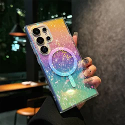 Gradient Glitter Bling Magnetic Wireless Charging Clear Case Cover for S24 (Grid Pattern)