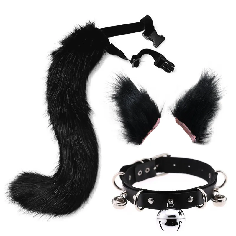 

Fluffy Animal Ears Headband Furry Ears Hair Hoop Necklace Tail Set Leather Choker for Halloween Party Fancy Dress