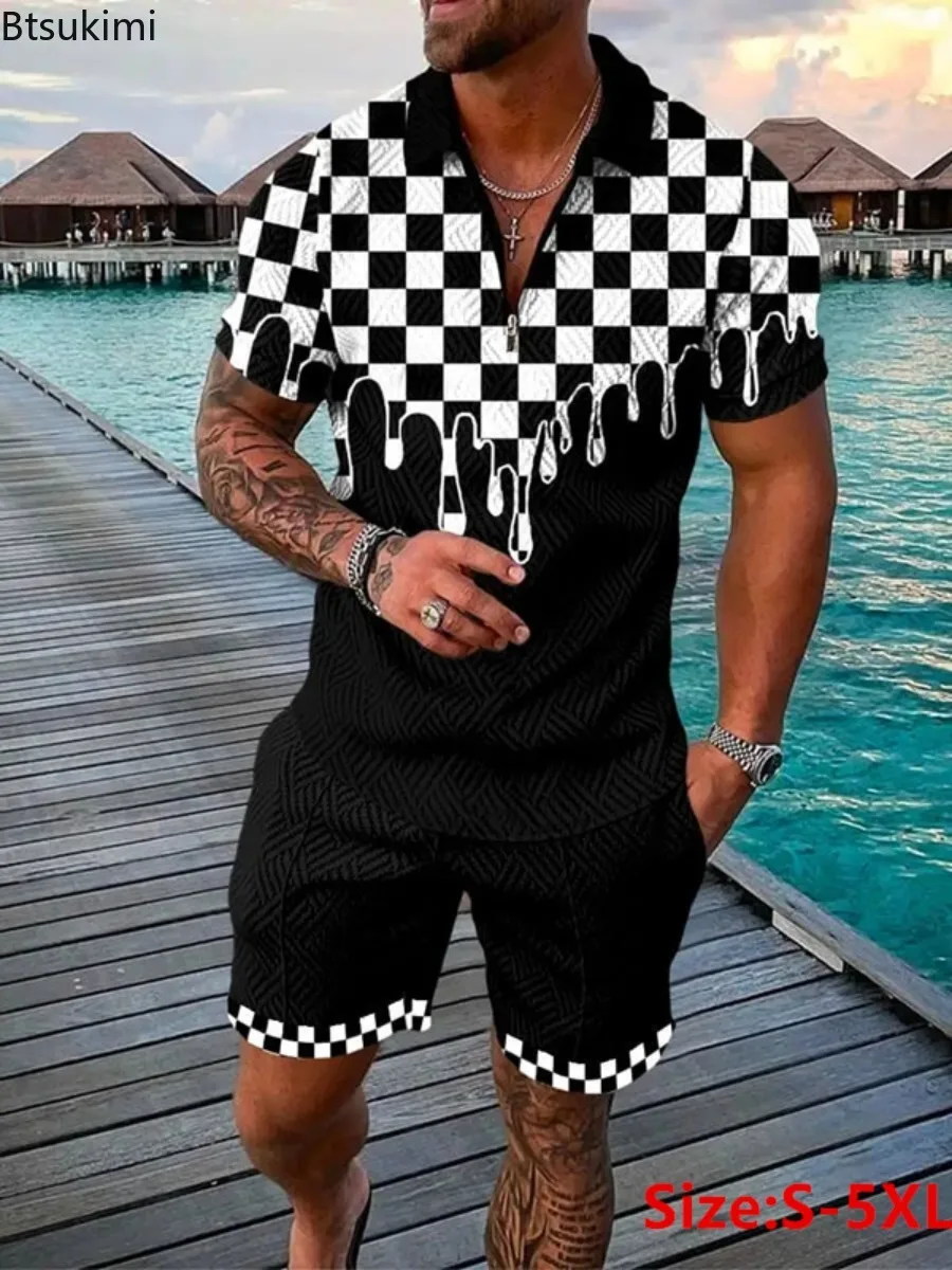 2024 Men's Summer Shorts Sets Oversized 3D Print Zipper Lapel Polo Shirt+Shorts Streetwear 2PCS Sets Men Summer Clothing Outfits