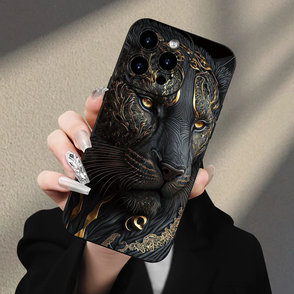Golden Gilded Black Lion Pattern Phone Case - Luxury Protective Back Cover