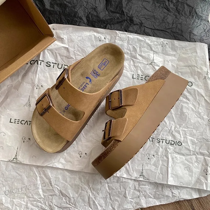 2024 Summer Women's Thick Sole Genuine Leather Buckle Slides Birken Style Beach Outdoor Wear Slipper Casual Walking Shoes