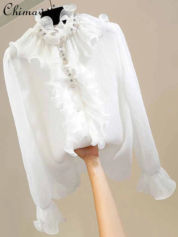 French Style Retro Court Style Heavy Industry Ruffled Women's Blouse Fashion Flared Sleeves Stand Collar Shirts for Ladies