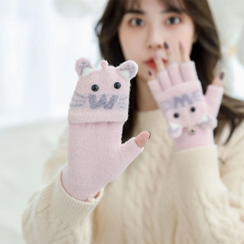 Autumn Winter Warm Gloves Flip Cover Fingerless Gloves Soft Kids Girl Cute Cartoon Half-finger Knitted Plus Velvet Riding