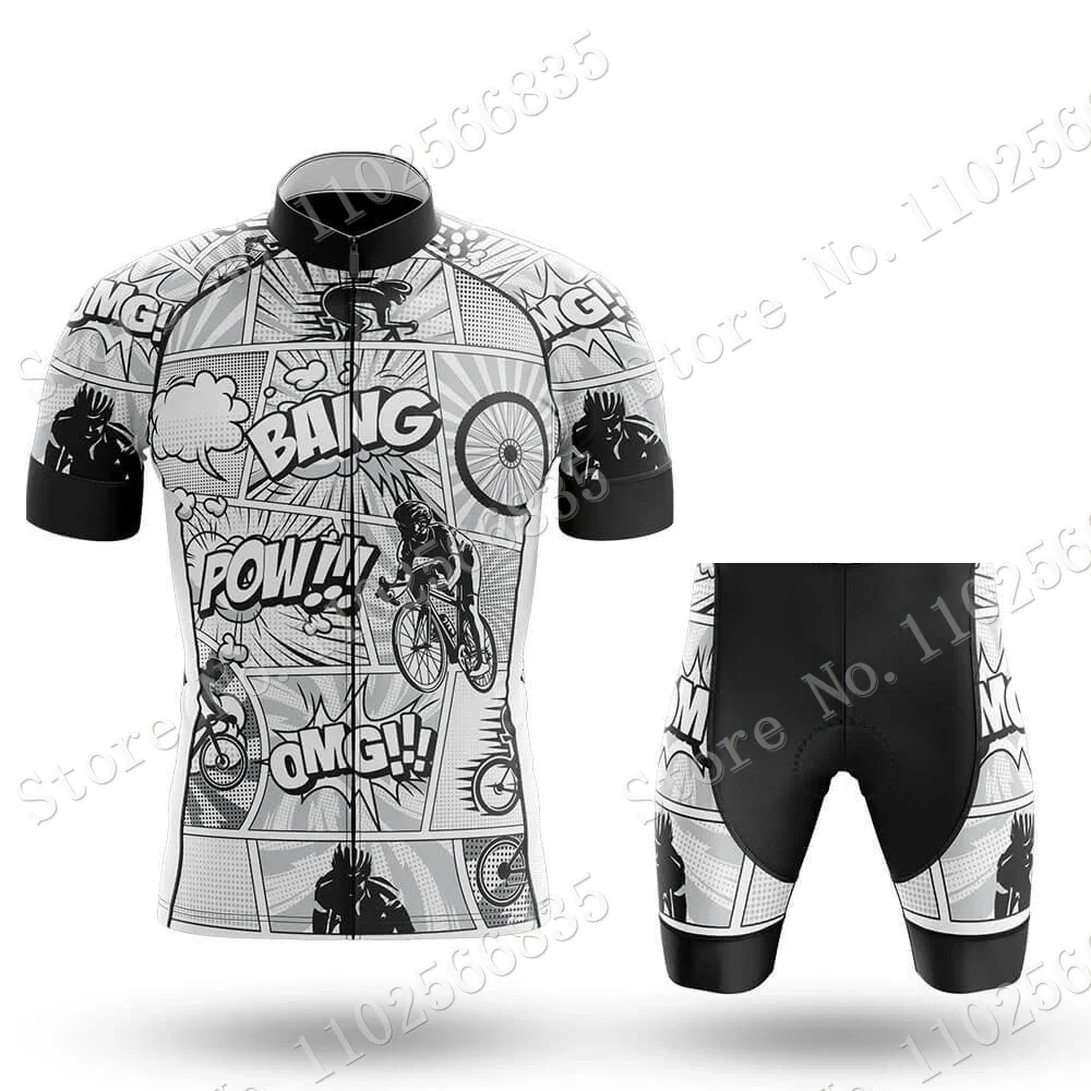 Cartoon Comic Bang Pow Cycling Jersey Set Short Sleeve Blue Clothing Men Road Bike Shirts Suit Bicycle Bib Pants Maillot