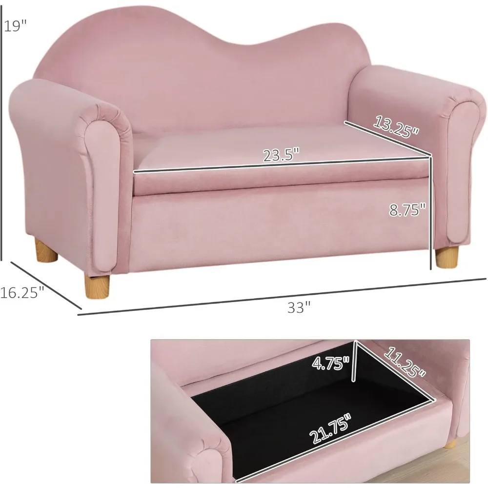 Ergonomic Foam Kids Sofa with Inner Toy Storage Chest, Velvet Kids Couch with Soft Arms, Children's Lounge Furniture, Pink 5