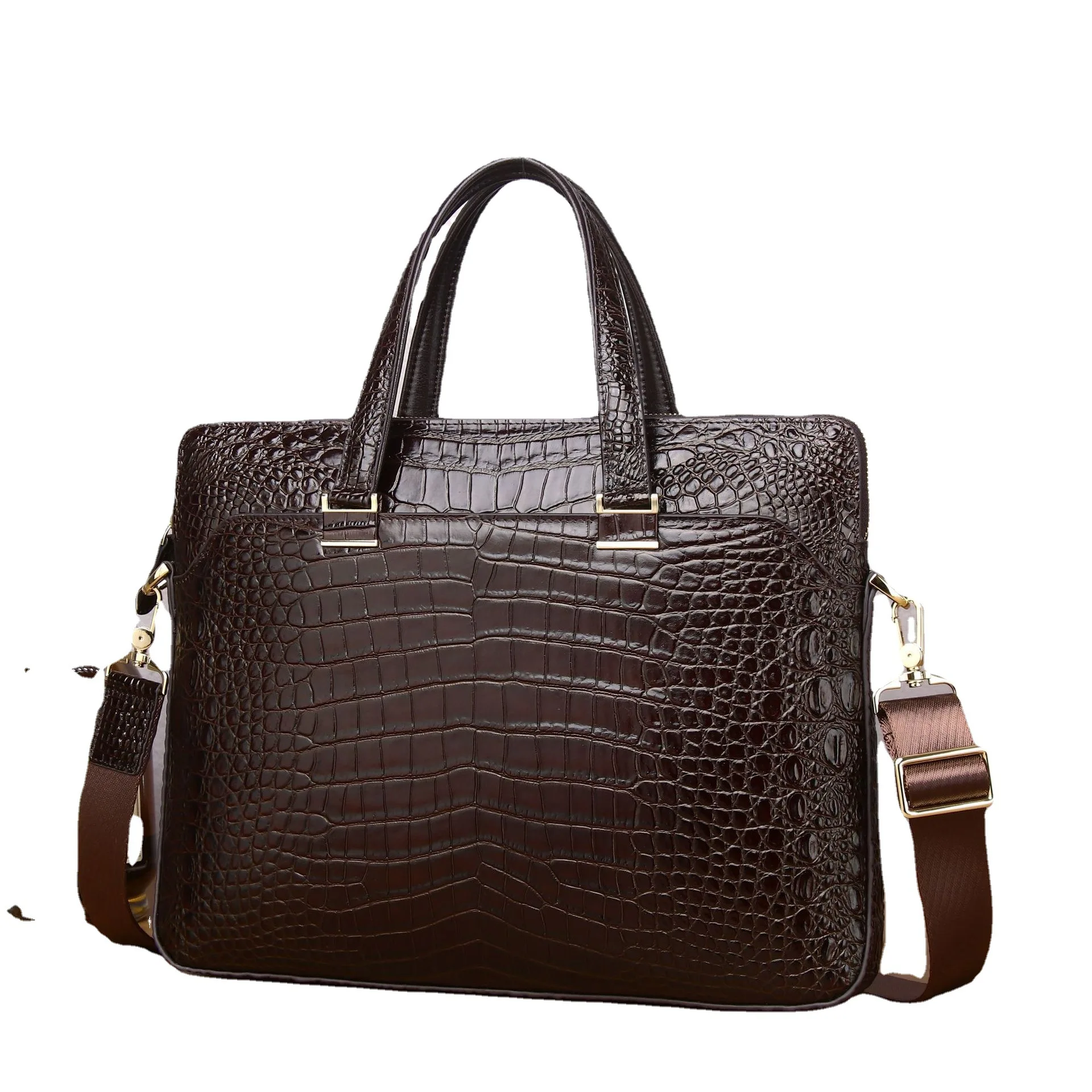 Men's Leather Briefcases for 14 Laptop Croco Pattern Cowhide Leather Man Handbags Business Totes Big Shoulder Bags