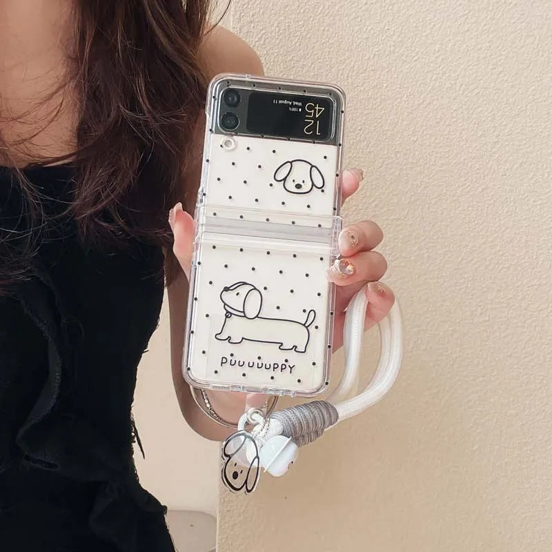 Cartoon Dog Wrist Strap Phone Case for Samsung Galaxy Z Flip6 Flip5 Flip4 Flip3 Protective Cover for Galaxy Z Flip 6 5 4 3 Capa_voghion.com