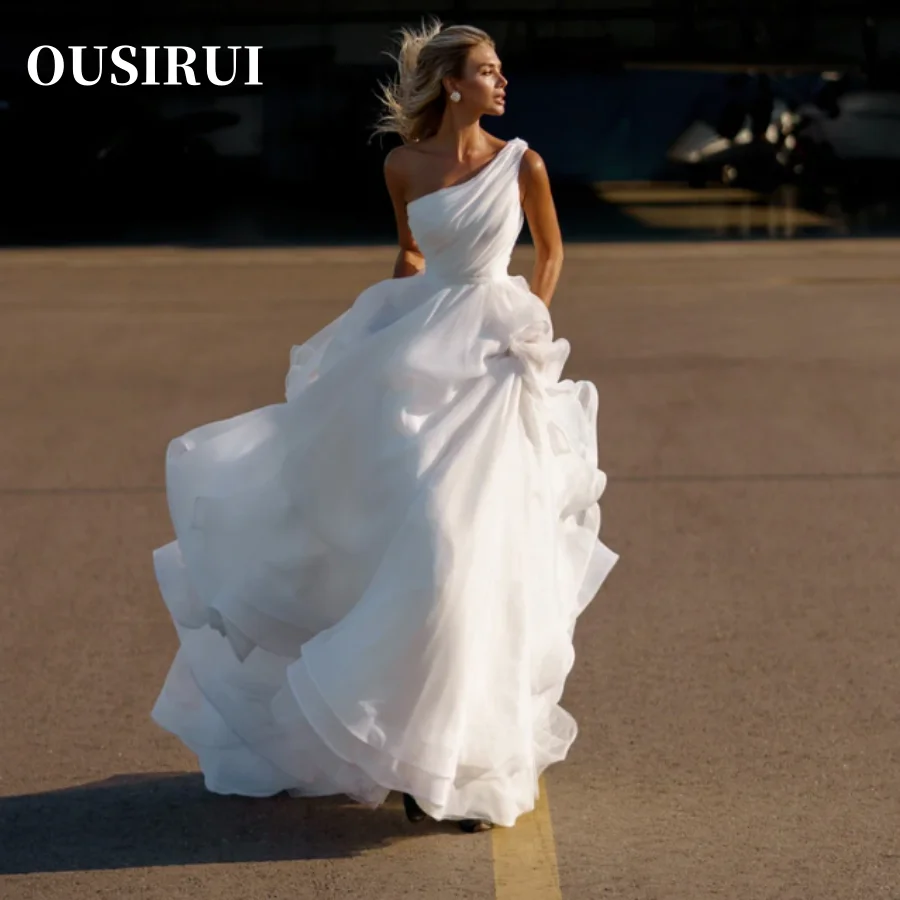 

OUSIRUI Bohemian Beach Vestido Noiva Sereia Gowns 2024 One Shoulder A Line Wedding Dresses Sleeveless Pleat Floor Length