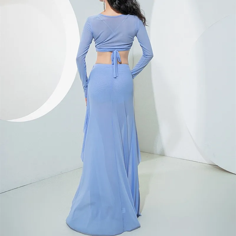 여성용 오리엔탈 댄스 거즈 코스튬 긴팔 탑, 섹시 사이드 스플릿 스커트, 단색 투명 벨리댄스 연습 복장, 저렴한 2024