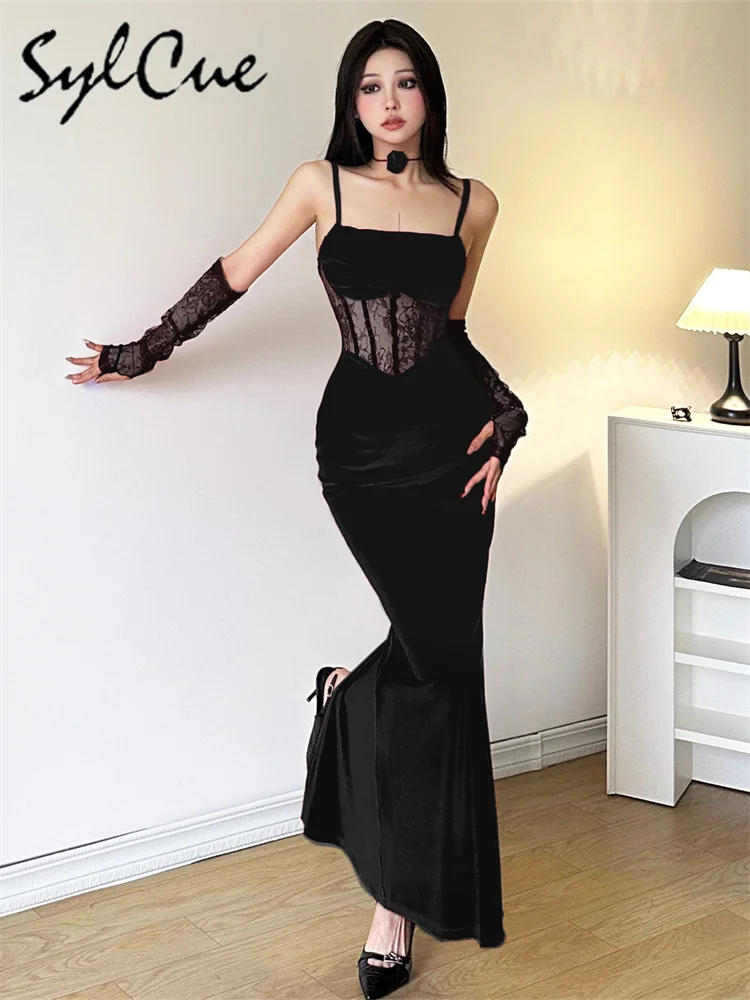 Elegant Lace Sling Dress with Sleeves - Winter Formal Party Dress