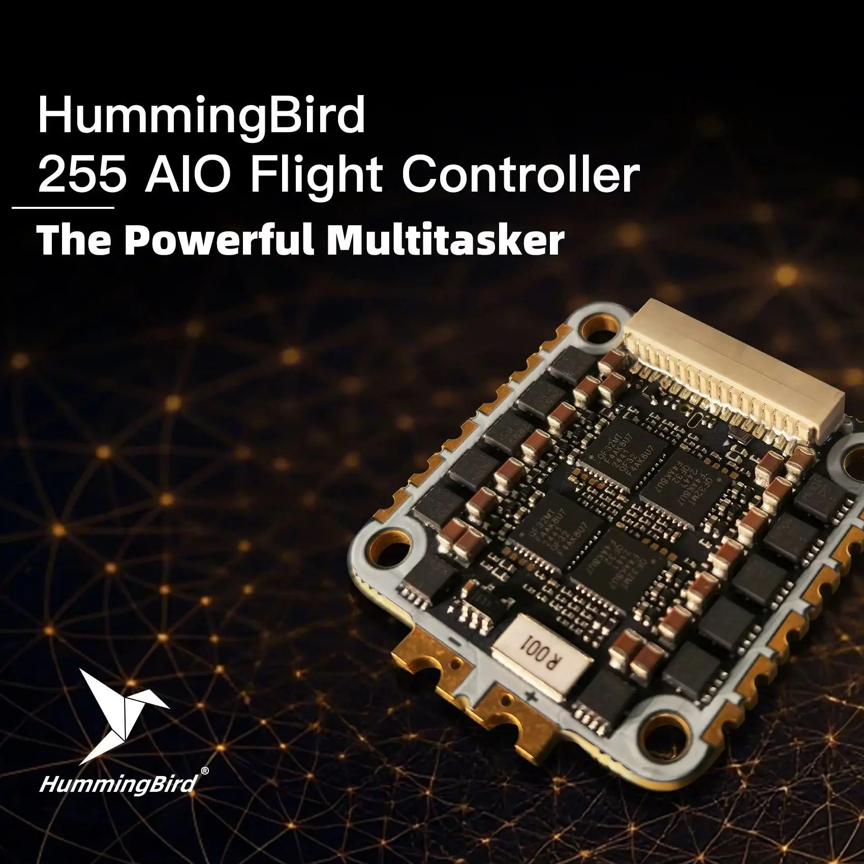 Contrôleur de Vol AIO NewBeeDrone Hummingbird 255 50A AT32F435 AM32 pour Drone FPV 2.5-4 pouces, vue de dessus avec connecteurs