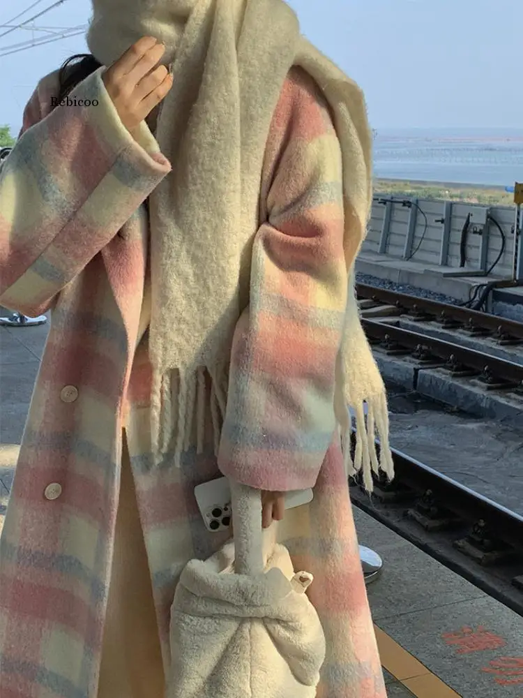 Getadme Winter Rainbow Woollen Coats Women Casual Warm Loose Plaid Long Coats Female Korean Fashion Office Lady Trench Jackets Y2k