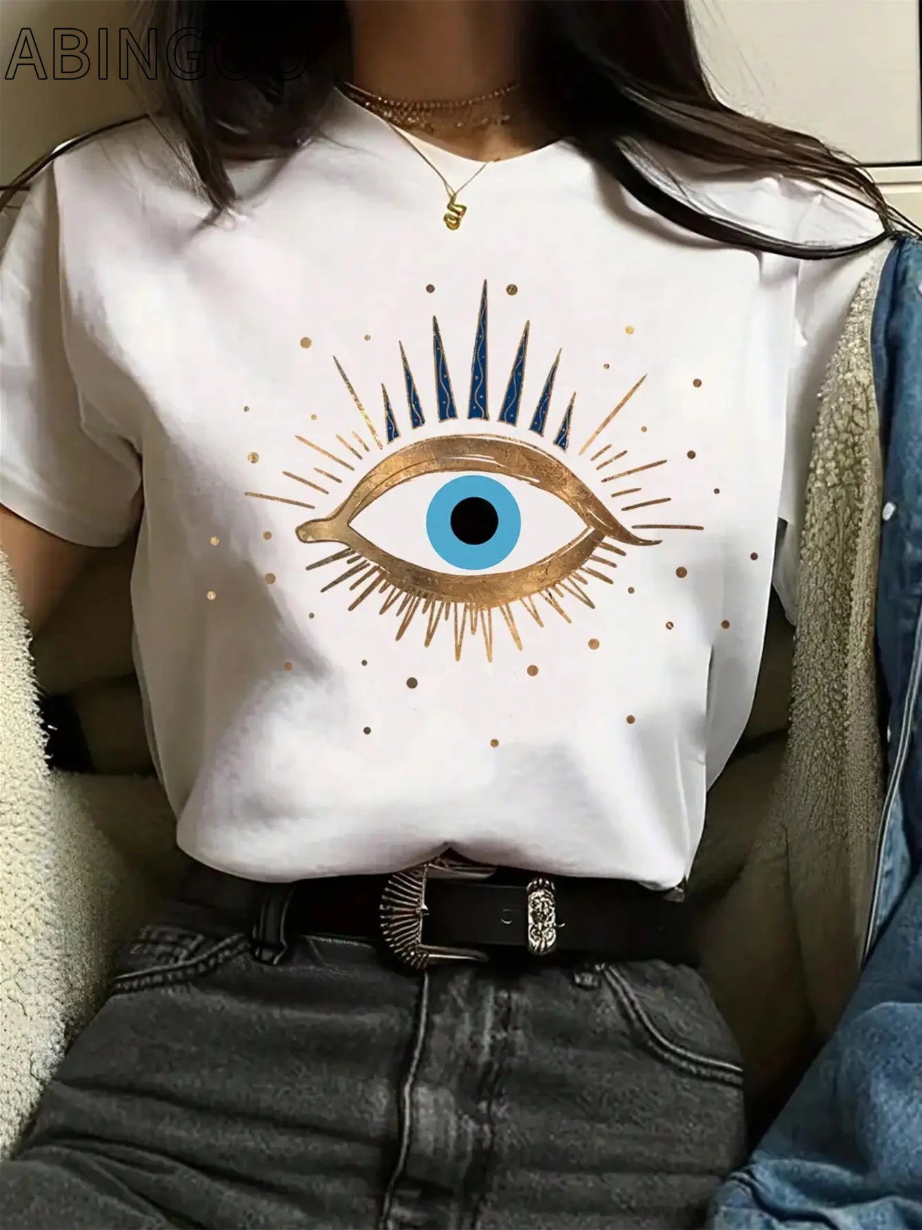 

ABINGOO Devil's Eye Printed Short Sleeve T-Shirt Women's Crop T-shirts O-Neck Casual Loose Clothes Fashion Female Tops