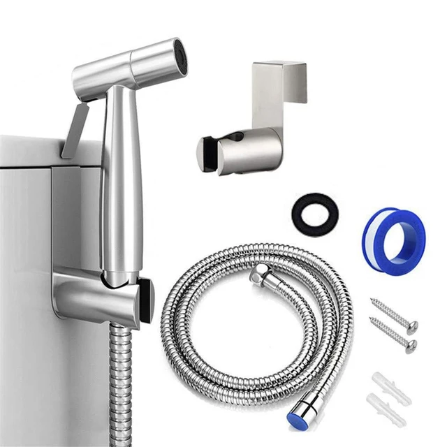 ปืนฉีดน้ำแรงดันสูงสแตนเลส 304 ชุดทำความสะอาดห้องน้ำพร้อมหัวฉีดและสายยางปรับได้สำหรับโถสุขภัณฑ์ 1