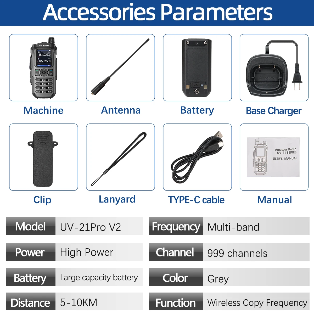 Baofeng UV 21 Pro Wireless Copy Frequency Walkie Talkie 999CH AM Long Range Waterproof Multi-Band Type-C Ham Radio UV 5R UV-K6 6