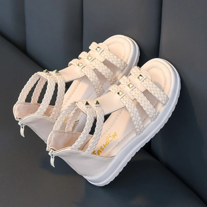 Summer Sandals for Girls 2023 New Versatile Solid Color Korean Style PU Soft Non-slip Flat Casual Weave Roman Shoes for Princess 6