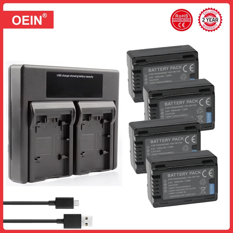 Batteria 1950Mah Vw-Vbt190 Vbt190 + Caricatore Doppio Usb Per Panasonic Hc-V110 Hc-V130 Hc-V160 Hc-V180 Hc-V201 Hc-V210 Hc-V230 Hc-V250