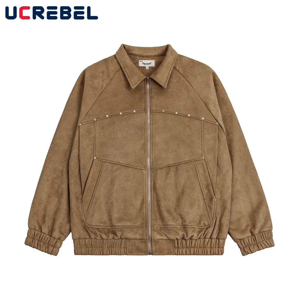 

Autumn Winter Rivets Suede Loose Functional Jacket Mens Streetwear Casual Spliced Zipper Outerwear Men